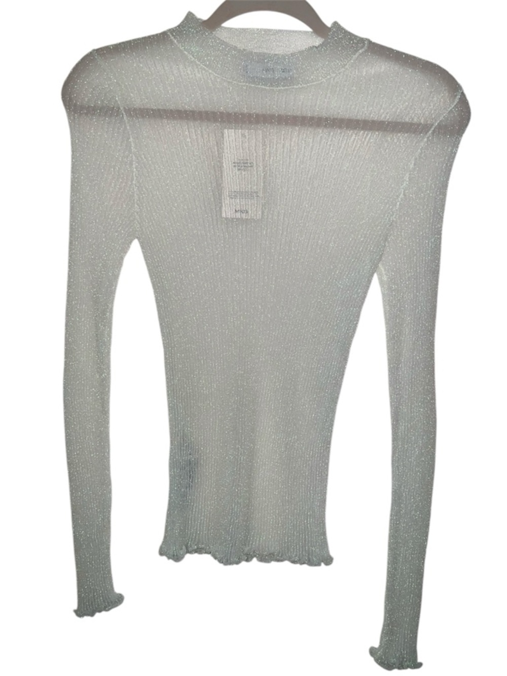 Mango Metallic Sheer Long-Sleeve Top in Light Silver New With Tags